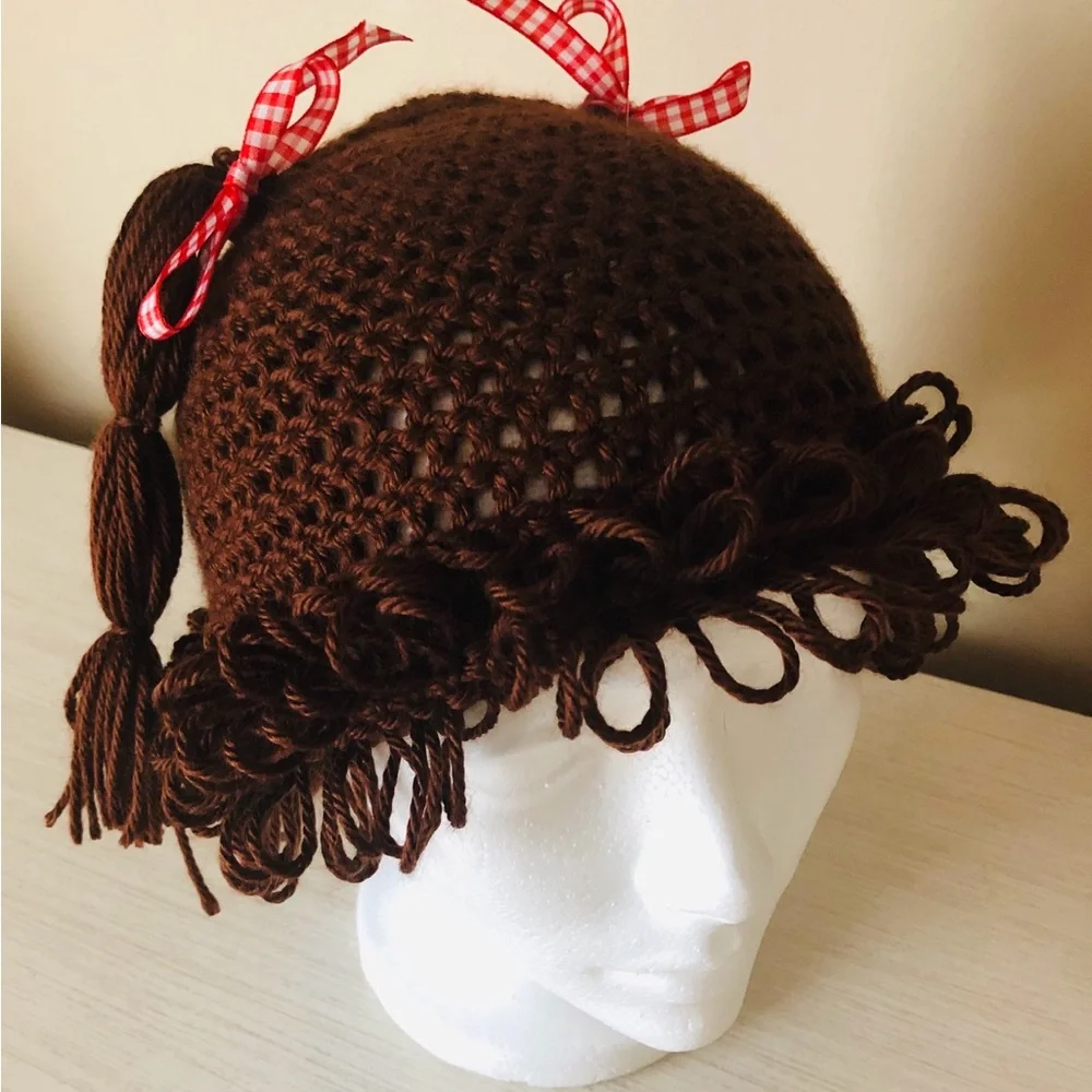 Handmade Crochet Cabbage Patch Kid Wig Hat –‎ Brown Yarn, Loopy Bangs